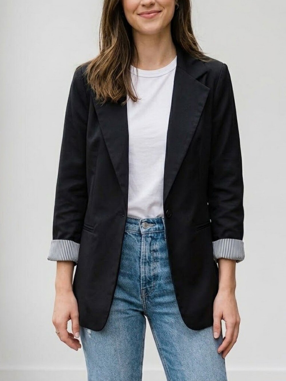 Color Swatch Black Ruched 3/4 Sleeve Blazer | Pinstripe Lining